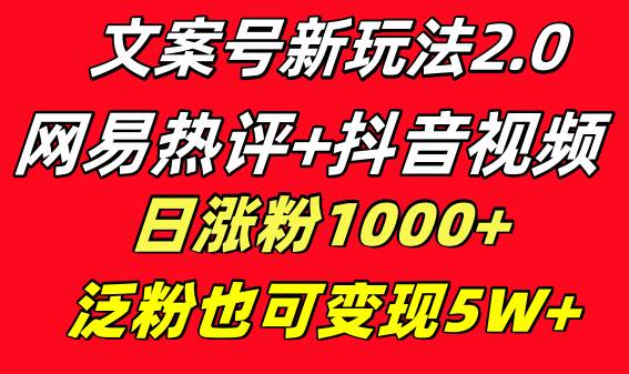文案号新玩法 网易热评+抖音文案 一天涨粉1000+ 多种变现模式 泛粉也可变现-金创谷
