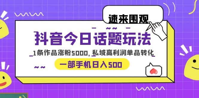 抖音今日话题玩法，1条作品涨粉5000，私域高利润单品转化 一部手机日入500-金创谷