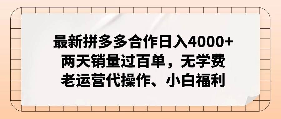 最新拼多多合作日入4000+两天销量过百单，无学费、老运营代操作、小白福利-金创谷