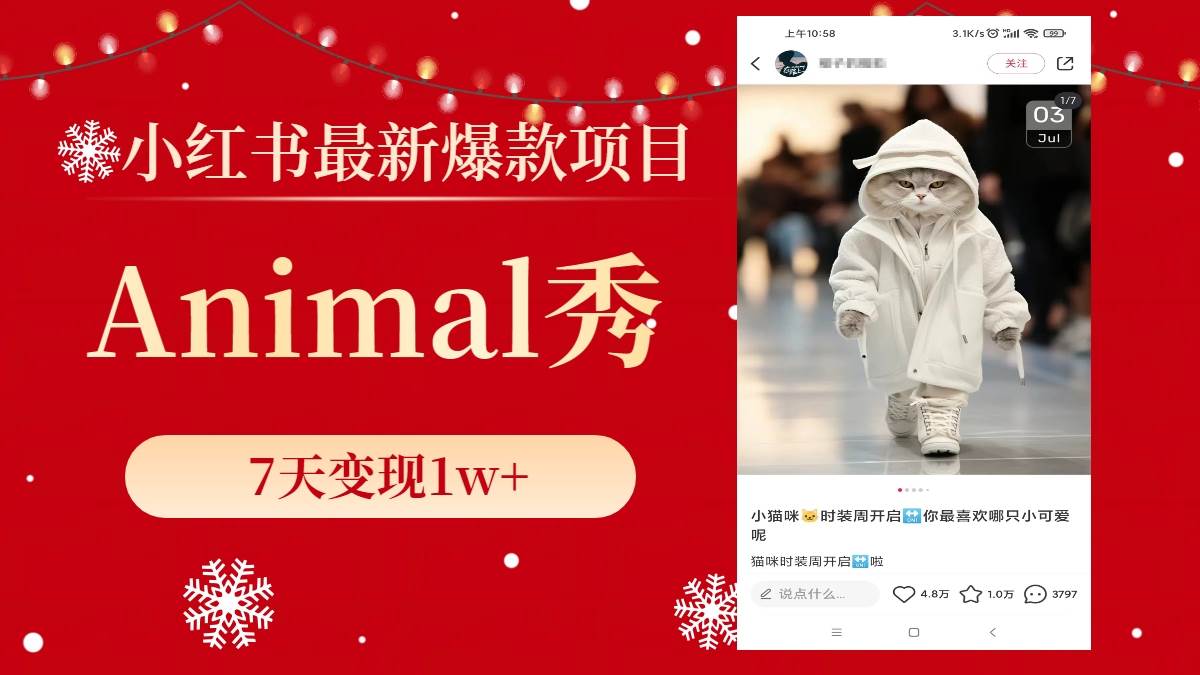 小红书最新爆款项目，Animal秀，7天变现1w+-金创谷