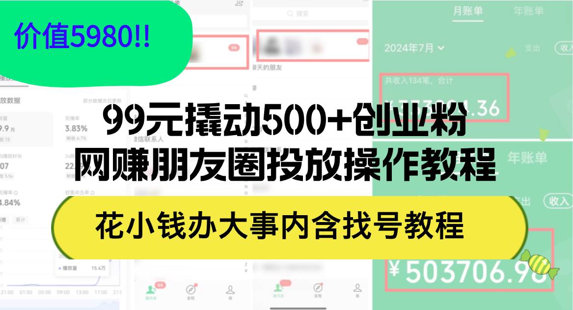 99元撬动500+创业粉，网赚朋友圈投放操作教程价值5980！花小钱办大事内…-金创谷