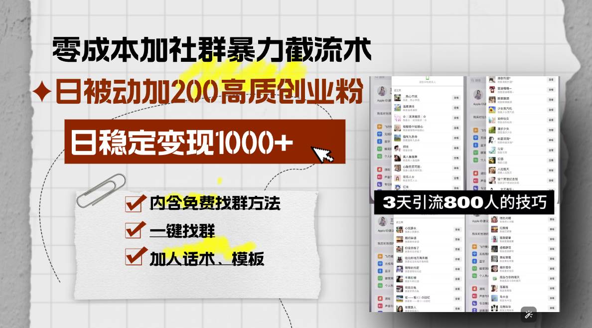 零成本加社群暴力截流术，日被动添加200+高质创业粉 ，日变现1000+，内…-金创谷