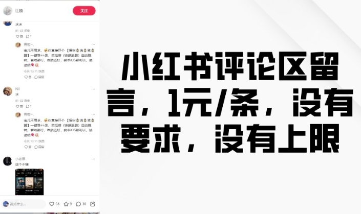 小红书评论区留言，1元条，没有要求，没有上限-金创谷