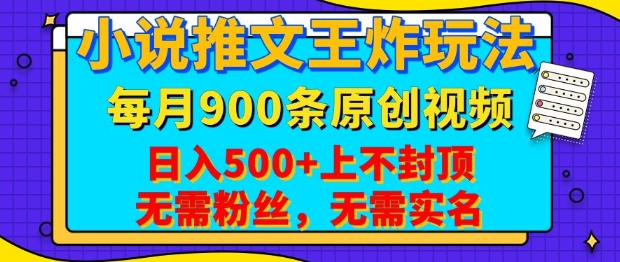小说推文王炸玩法，一键代发，每月最多领900条原创视频，播放量收益日入5张，无需粉丝，无需实名【揭秘】-金创谷