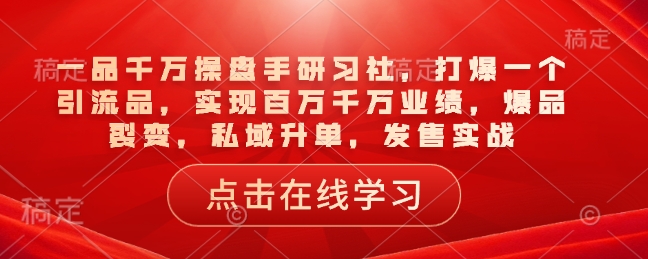 一品千万操盘手研习社，打爆一个引流品，实现百万千万业绩，爆品裂变，私域升单，发售实战-金创谷
