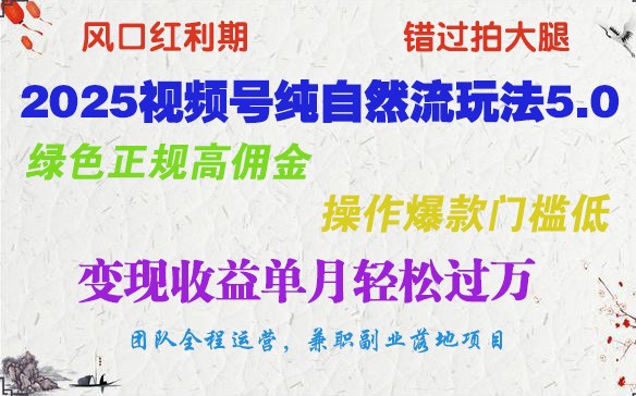 2025视频号纯自然流玩法5.0，绿色正规高佣金，操作爆款门槛低，变现收益单月轻松过万-金创谷
