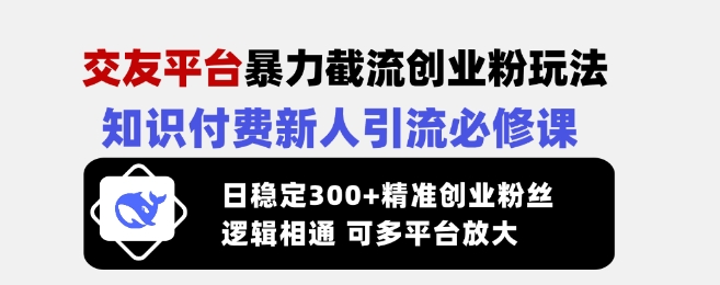 交友平台暴力截流创业粉玩法，知识付费新人引流必修课，日稳定300+精准创业粉丝，逻辑相通可多平台放大-金创谷